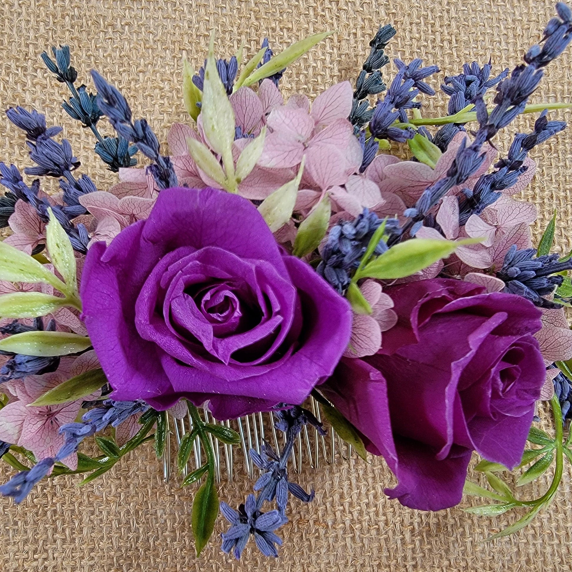 Preserved Rose & Lavender Hair Comb: Boho Bridal Hair Accessory