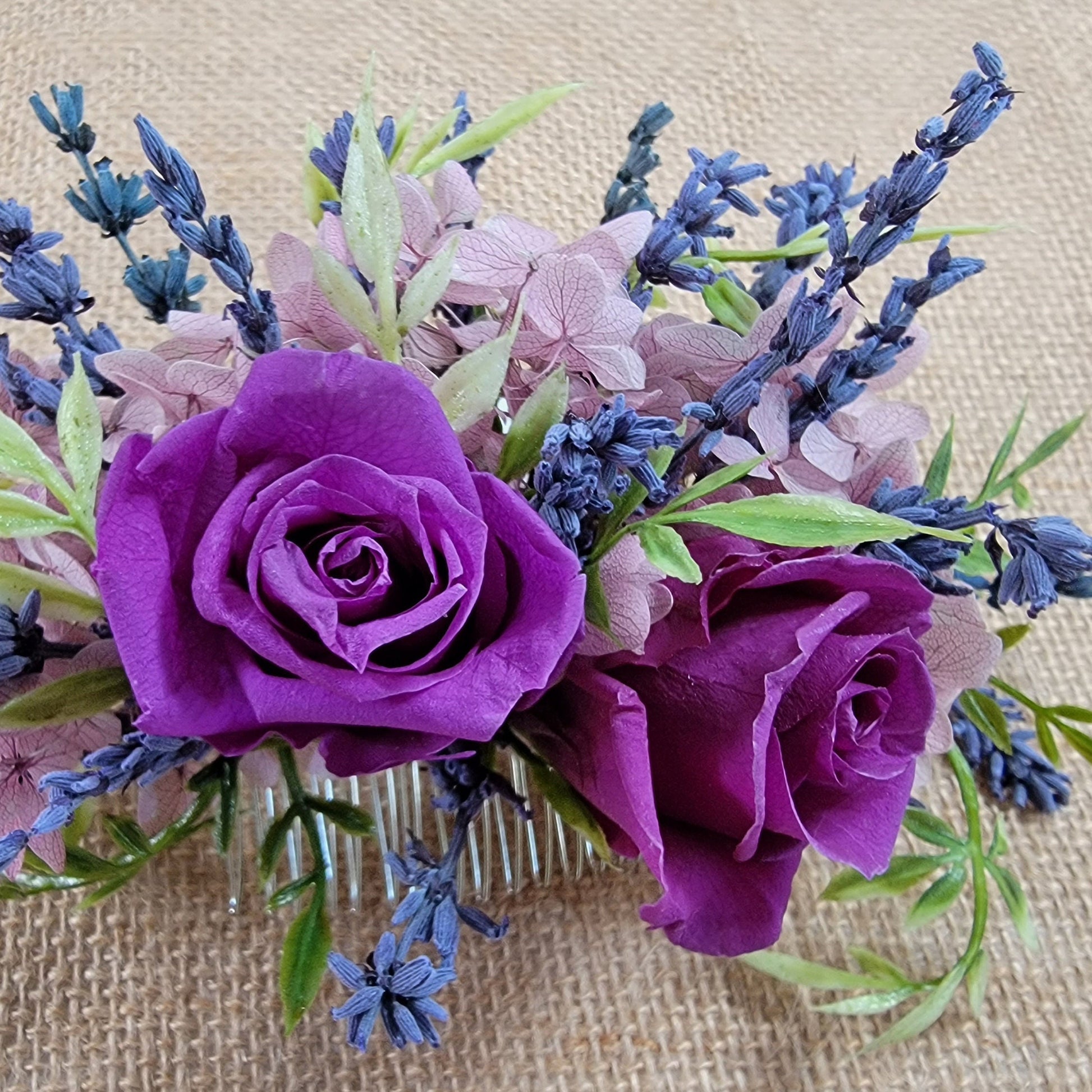 Preserved Rose & Lavender Hair Comb: Boho Bridal Hair Accessory