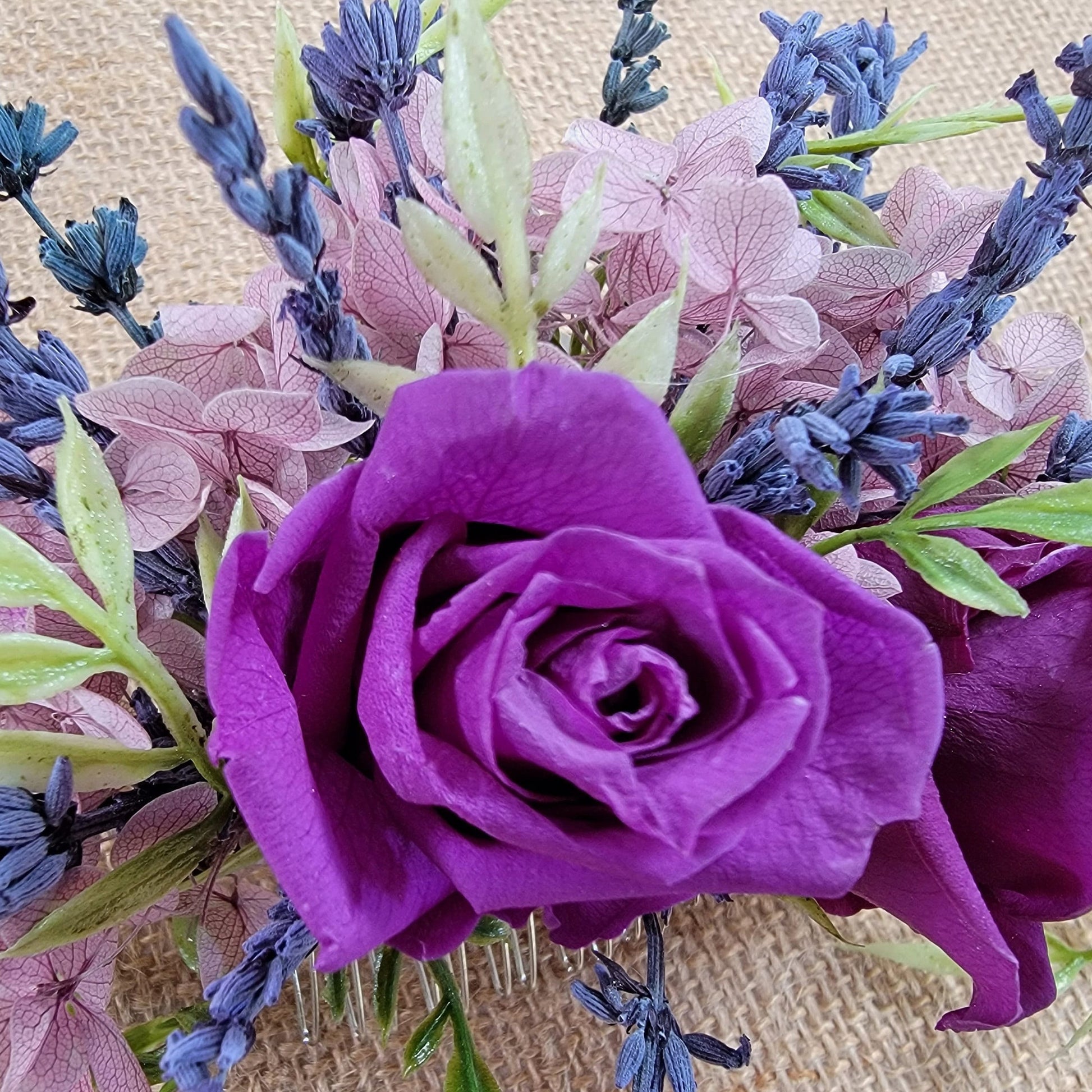 Preserved Rose & Lavender Hair Comb: Boho Bridal Hair Accessory