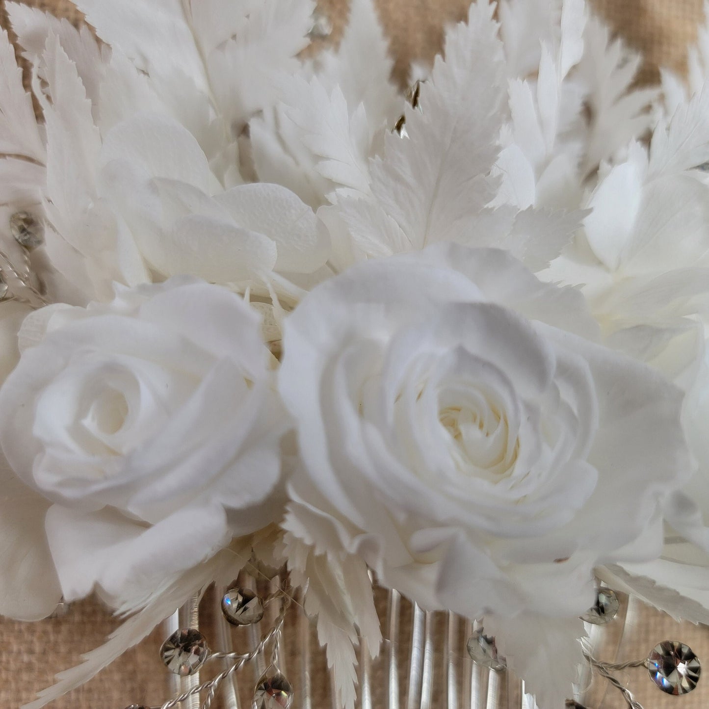 Preserved Rose Hair Comb: White Ferns, Lily of the Valley, Bridal Wedding