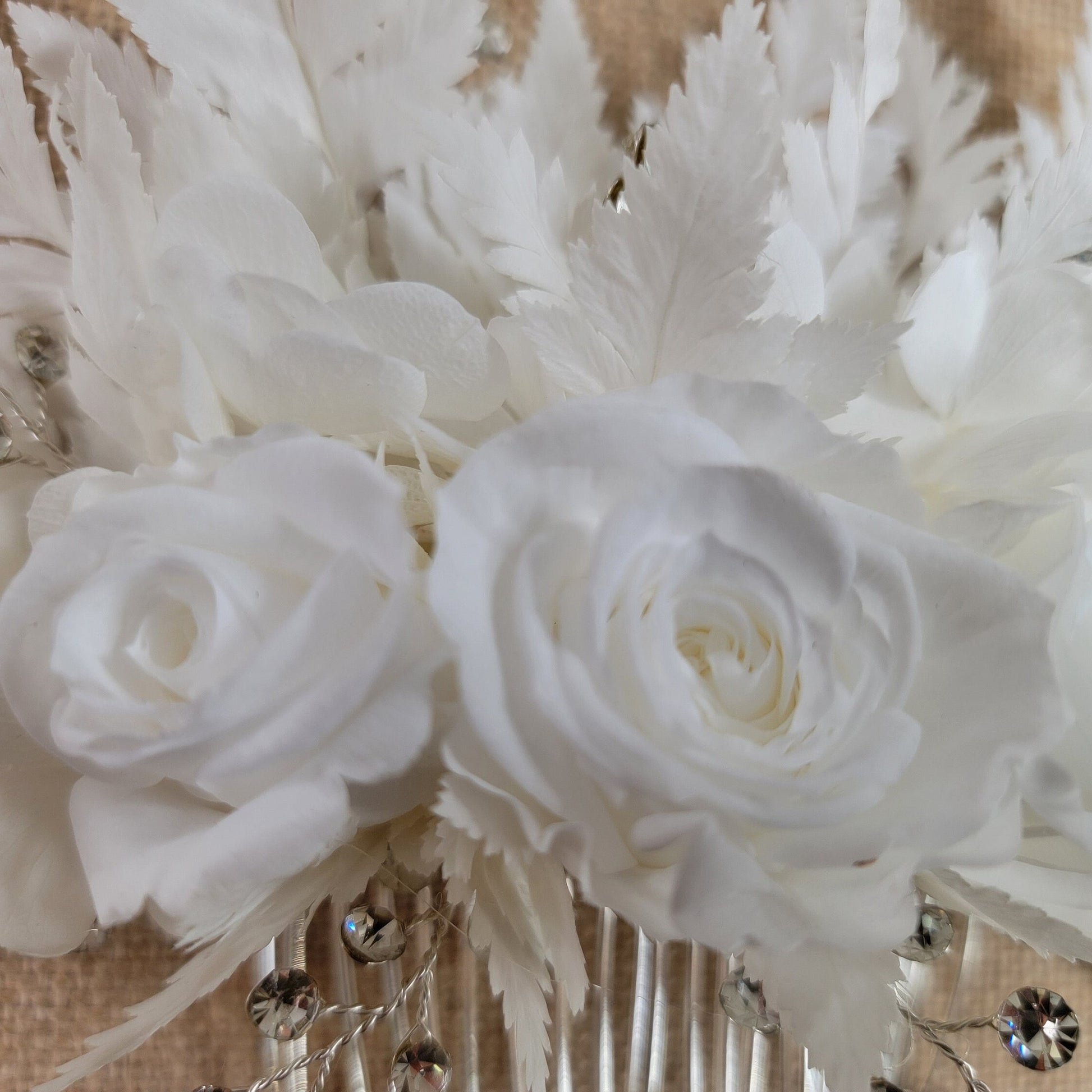 Preserved Rose Hair Comb: White Ferns, Lily of the Valley, Bridal Wedding