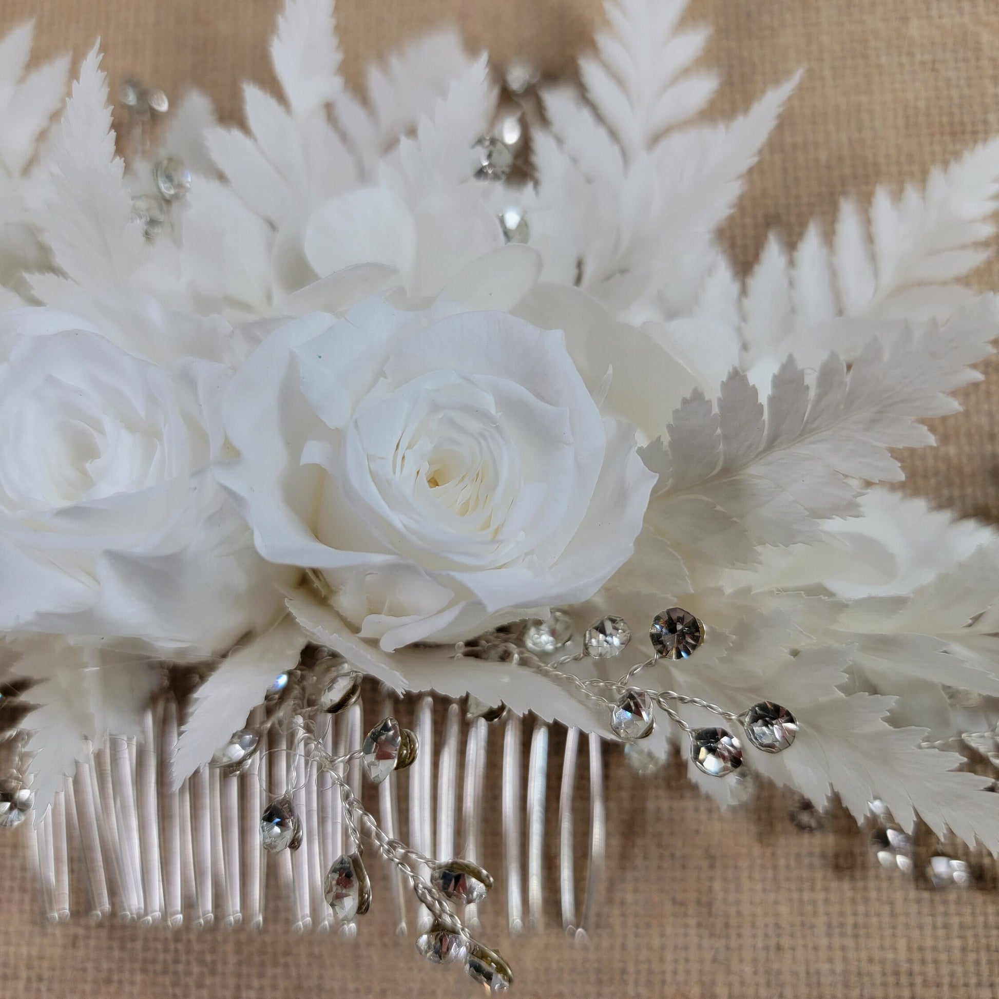 Preserved Rose Hair Comb: White Ferns, Lily of the Valley, Bridal Wedding