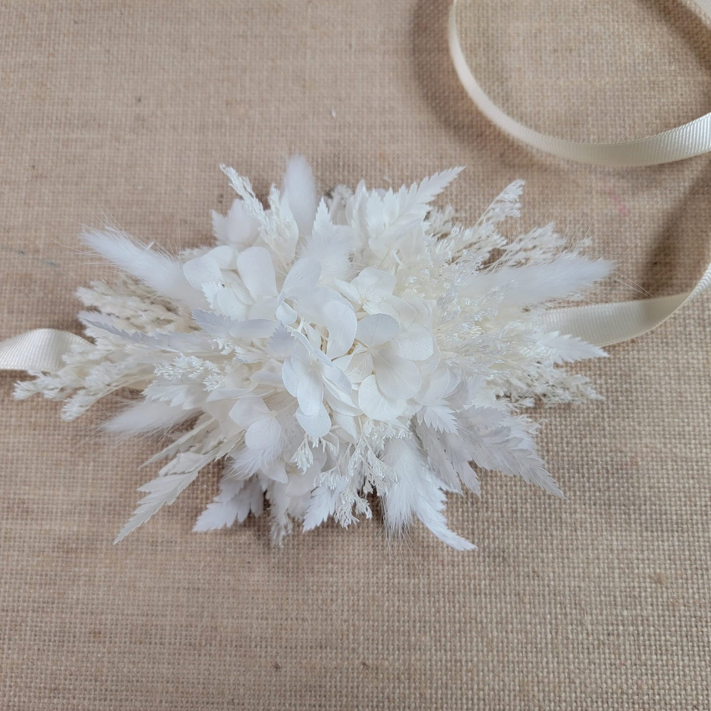 Rustic Dried Flower Wrist Corsage: Cream & White Wedding Accessory