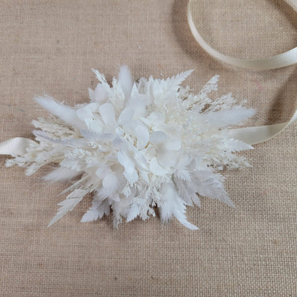 Rustic Dried Flower Wrist Corsage: Cream & White Wedding Accessory