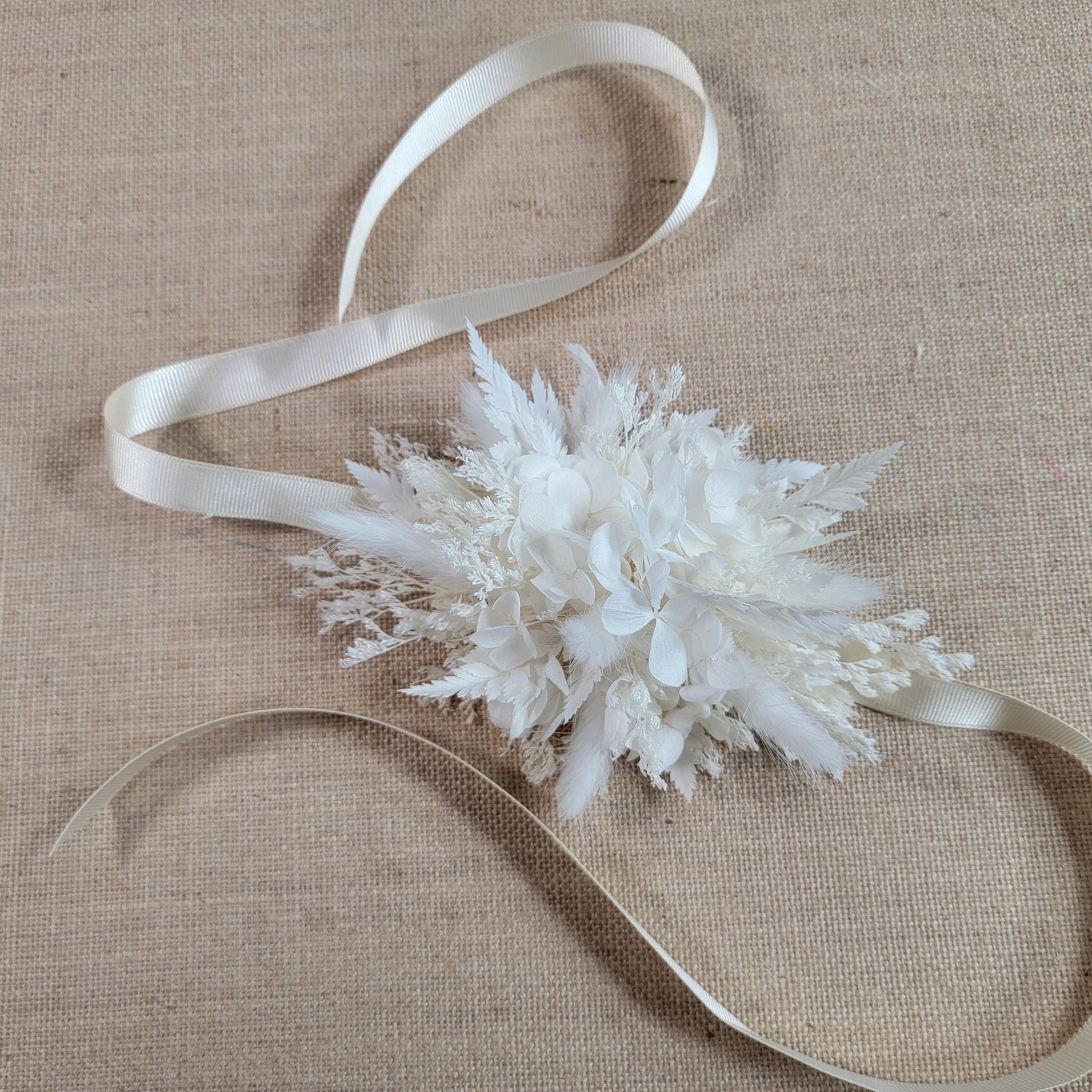 Rustic Dried Flower Wrist Corsage: Cream & White Wedding Accessory