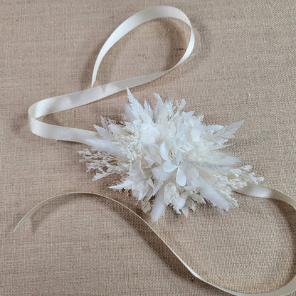 Rustic Dried Flower Wrist Corsage: Cream & White Wedding Accessory