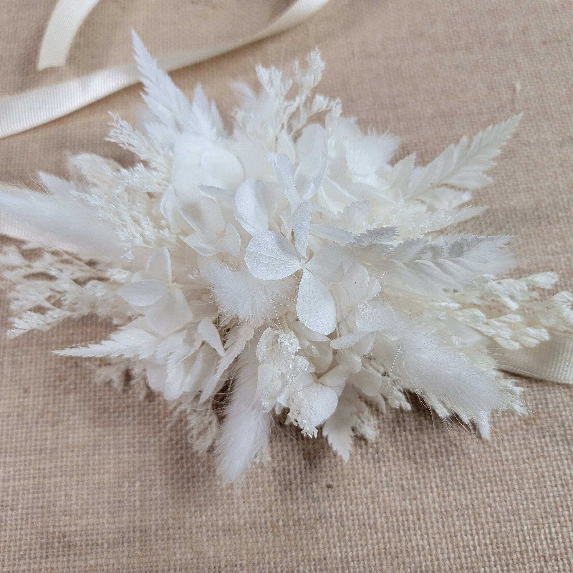 Rustic Dried Flower Wrist Corsage: Cream & White Wedding Accessory