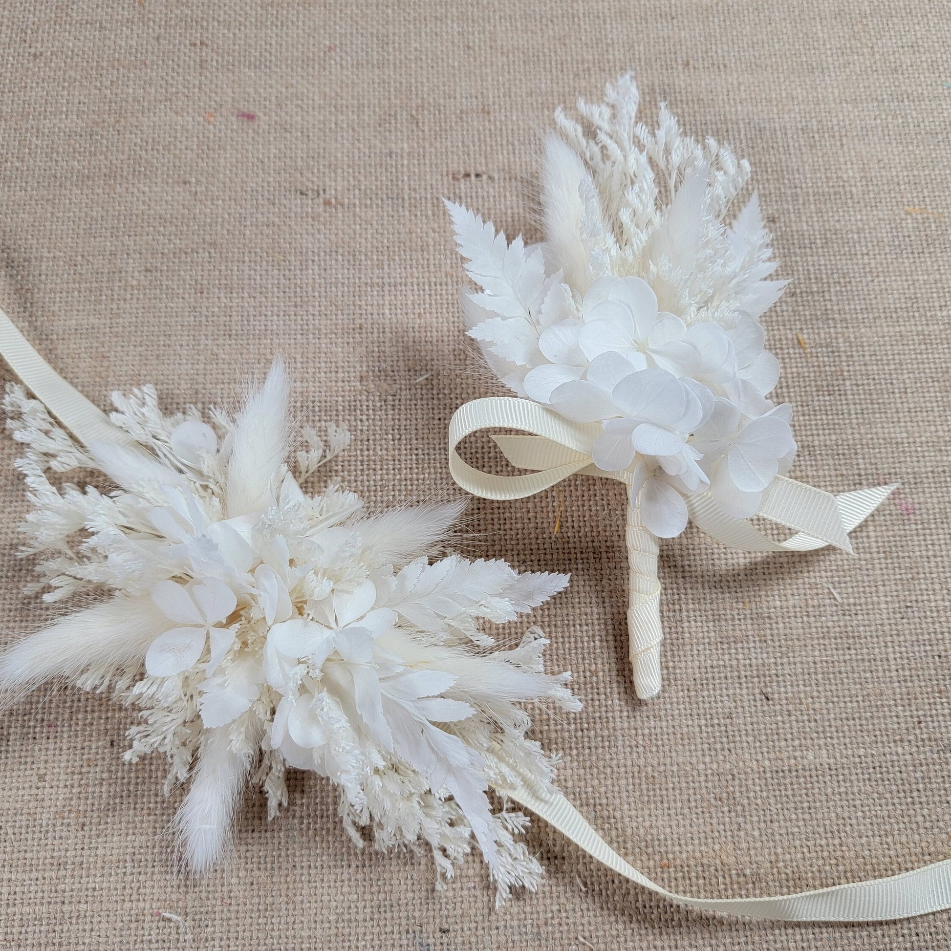 Rustic Dried Flower Wrist Corsage: Cream & White Wedding Accessory