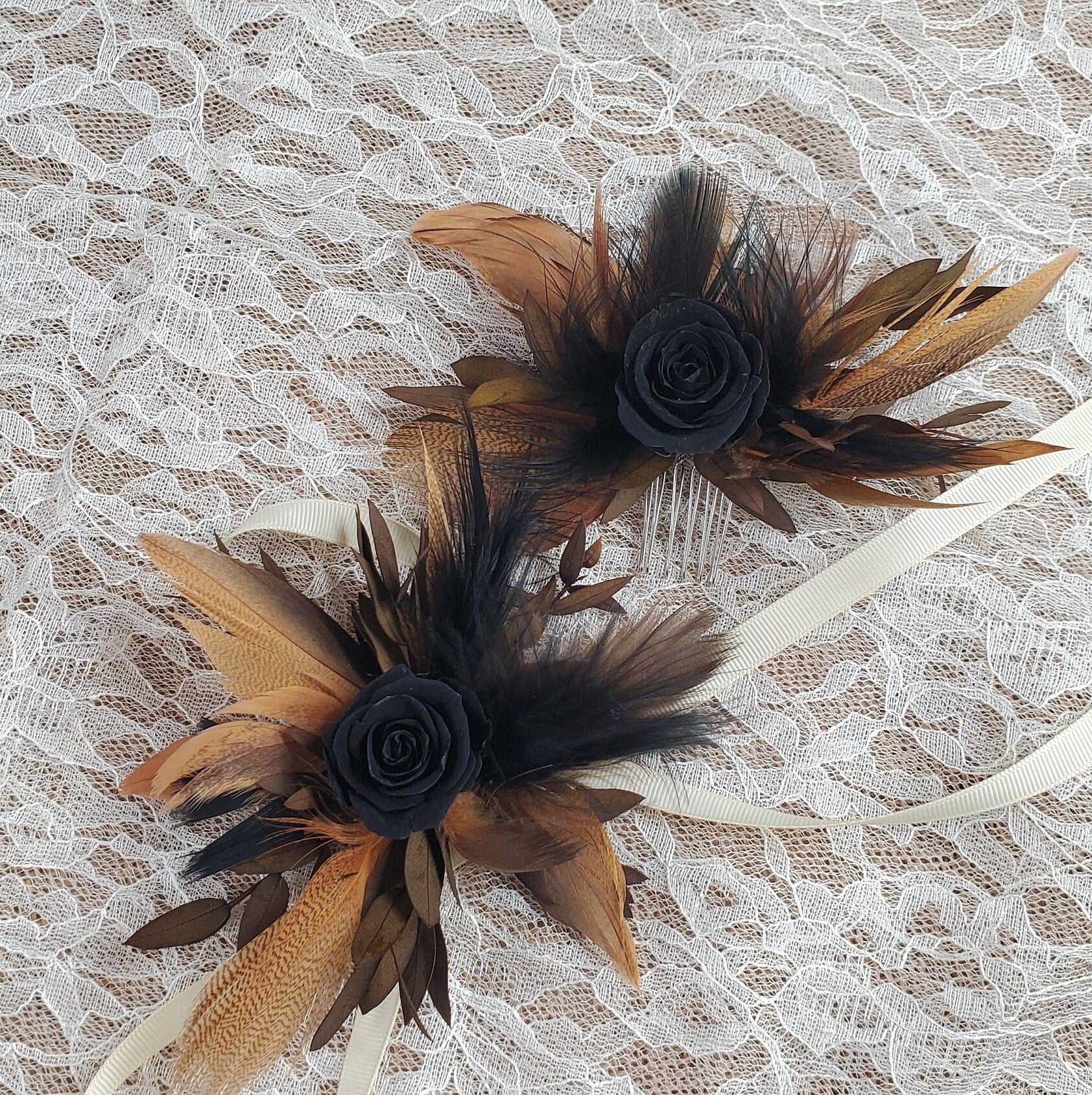 Black Rose Corsage: Boho Dried Flower Wedding Wristlet or Hair Comb