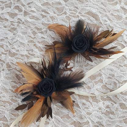 Black Rose Corsage: Boho Dried Flower Wedding Wristlet or Hair Comb
