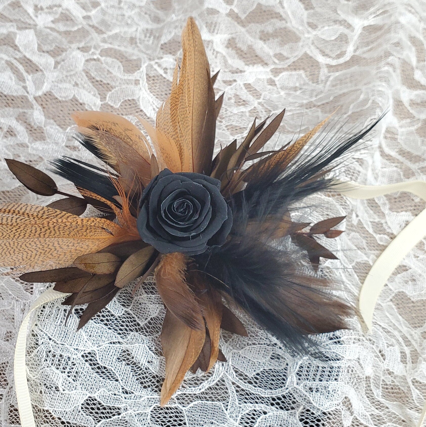 Black Rose Corsage: Boho Dried Flower Wedding Wristlet or Hair Comb