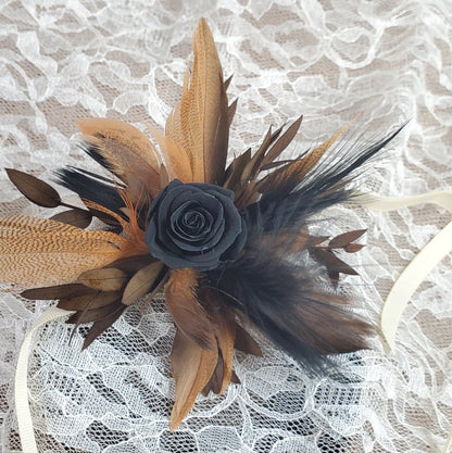 Black Rose Corsage: Boho Dried Flower Wedding Wristlet or Hair Comb