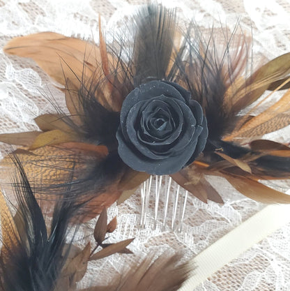 Black Rose Corsage: Boho Dried Flower Wedding Wristlet or Hair Comb