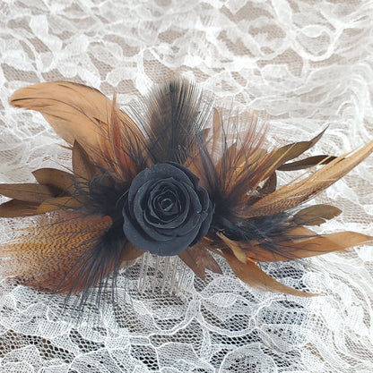 Black Rose Corsage: Boho Dried Flower Wedding Wristlet or Hair Comb