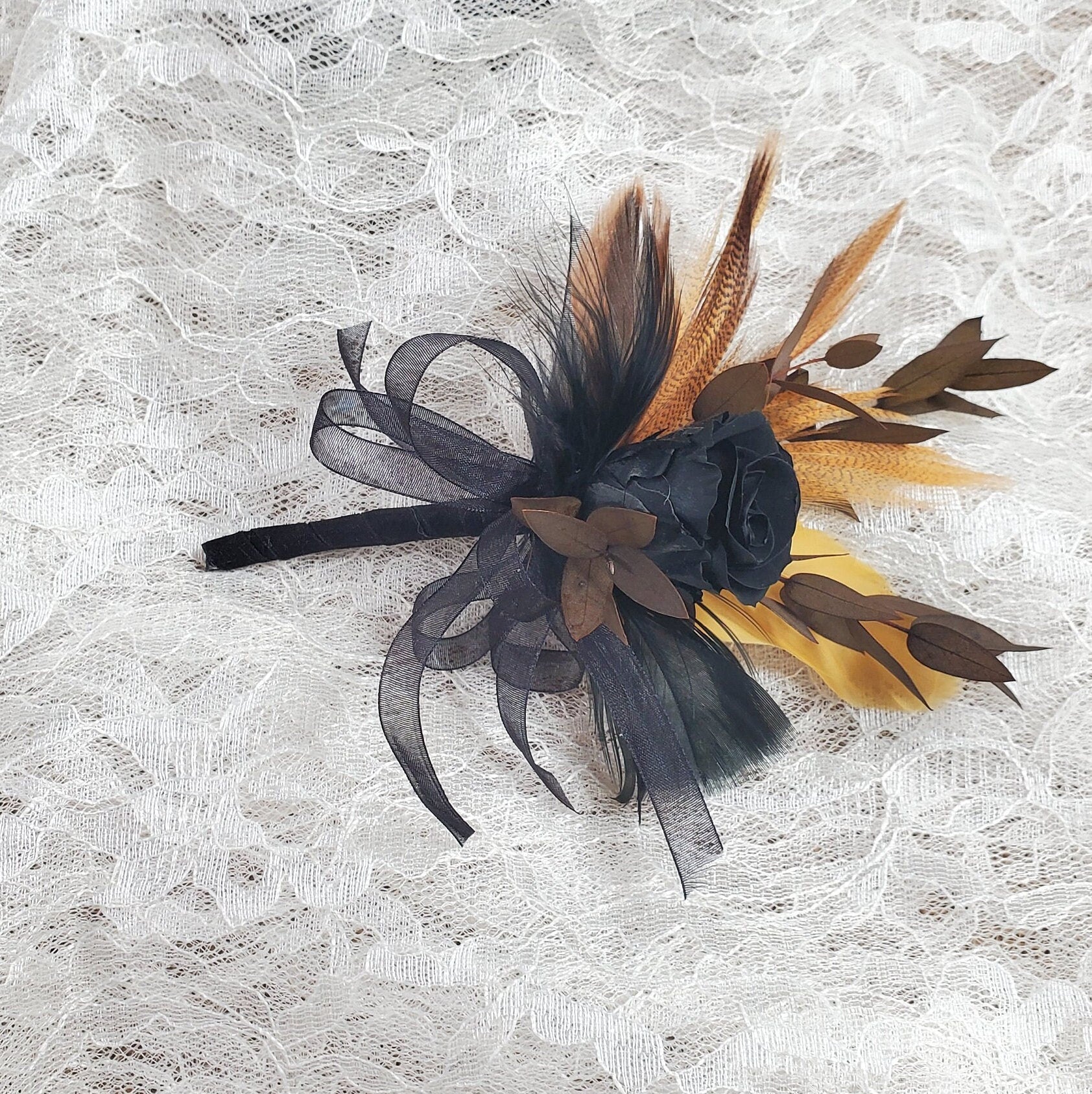 Black Rose Corsage: Boho Dried Flower Wedding Wristlet or Hair Comb