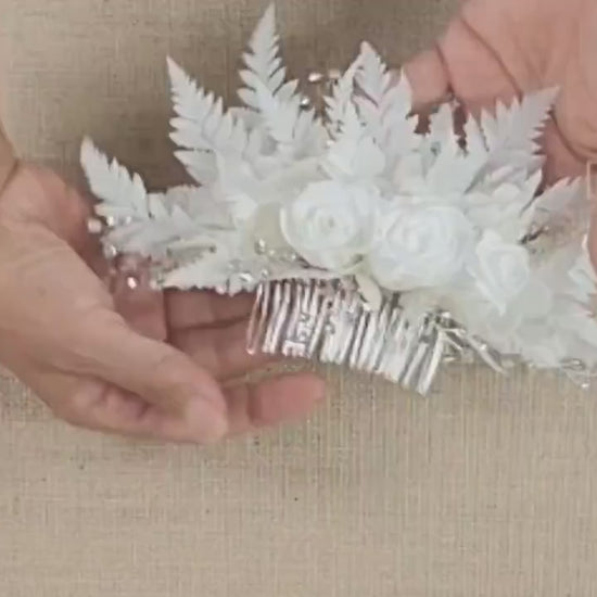 Preserved Rose Hair Comb: White Ferns, Lily of the Valley, Bridal Wedding