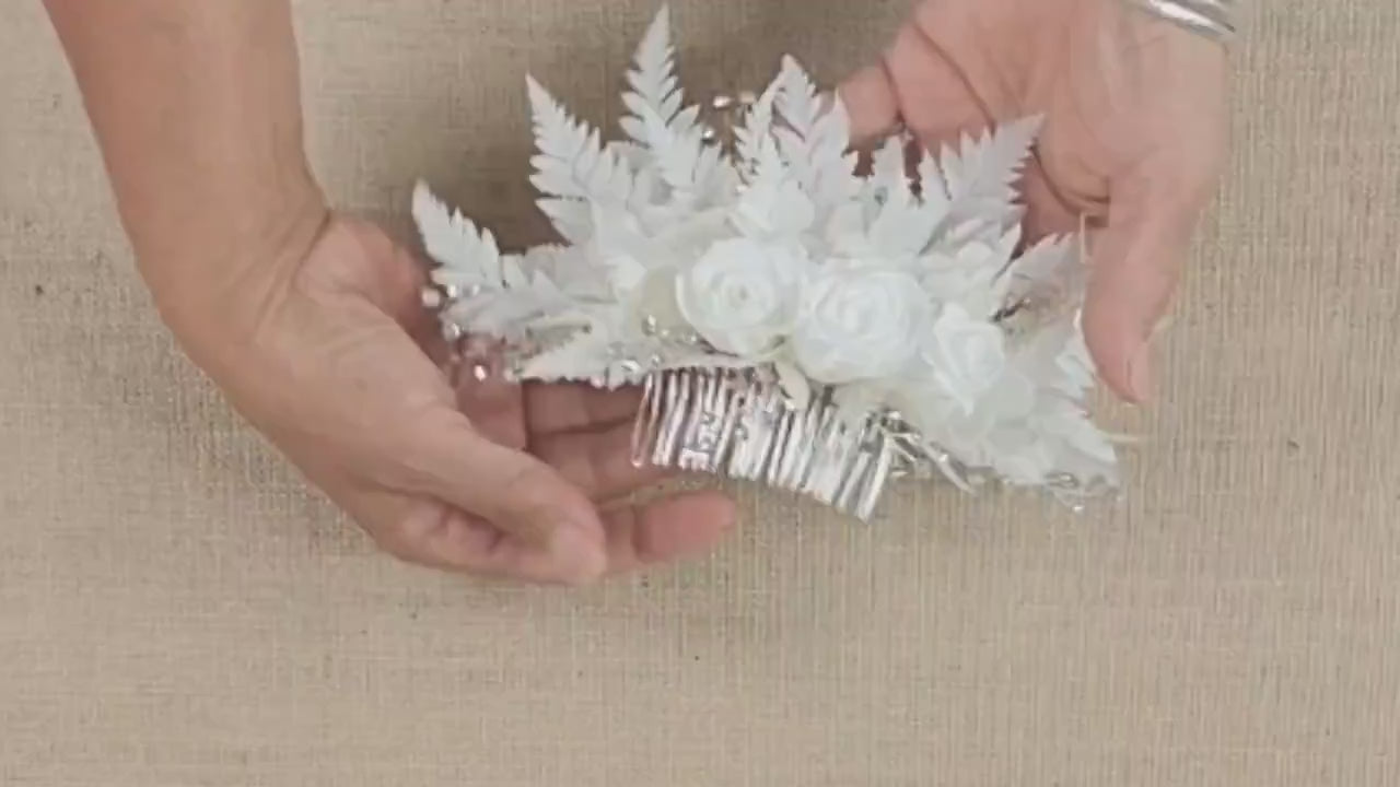 Preserved Rose Hair Comb: White Ferns, Lily of the Valley, Bridal Wedding