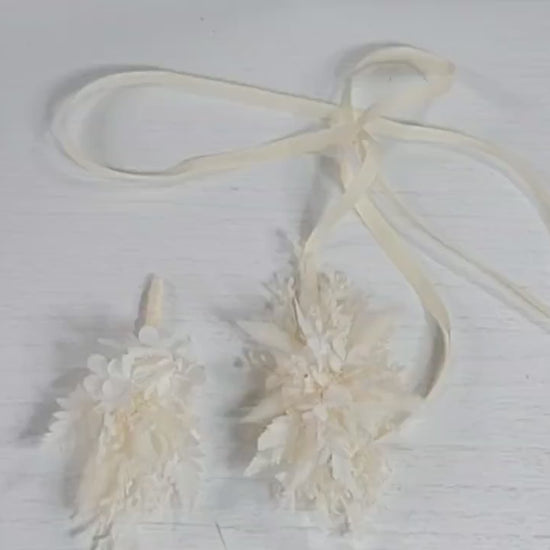 Rustic Dried Flower Wrist Corsage: Cream & White Wedding Accessory