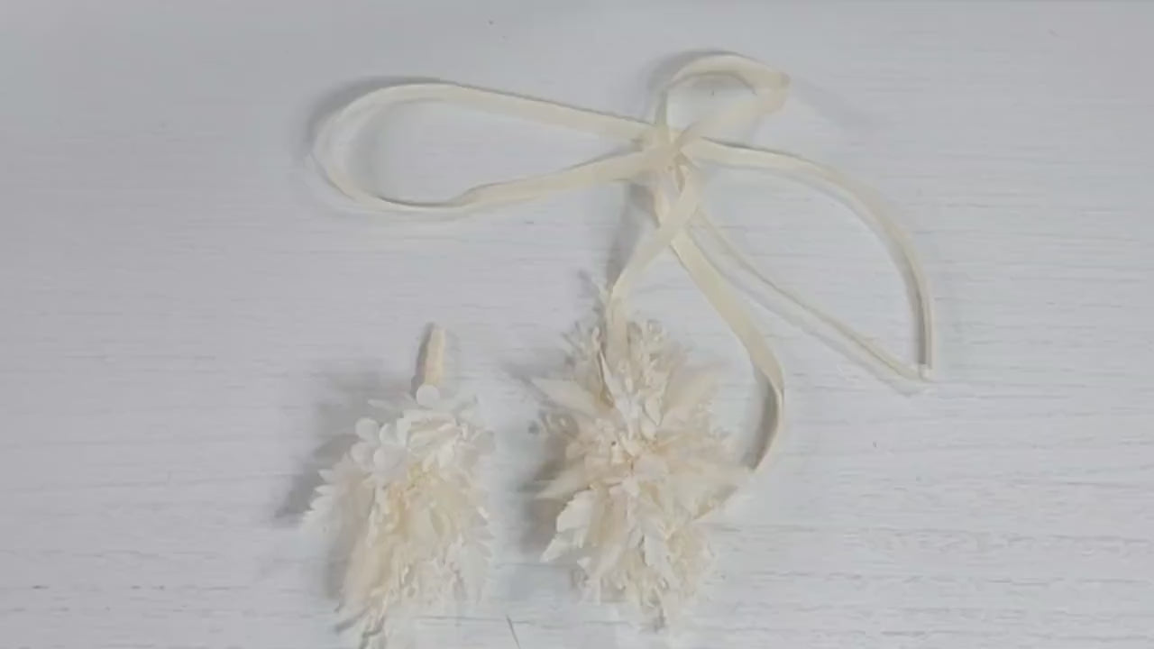 Rustic Dried Flower Wrist Corsage: Cream & White Wedding Accessory