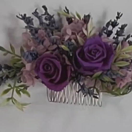Preserved Rose & Lavender Hair Comb: Boho Bridal Hair Accessory